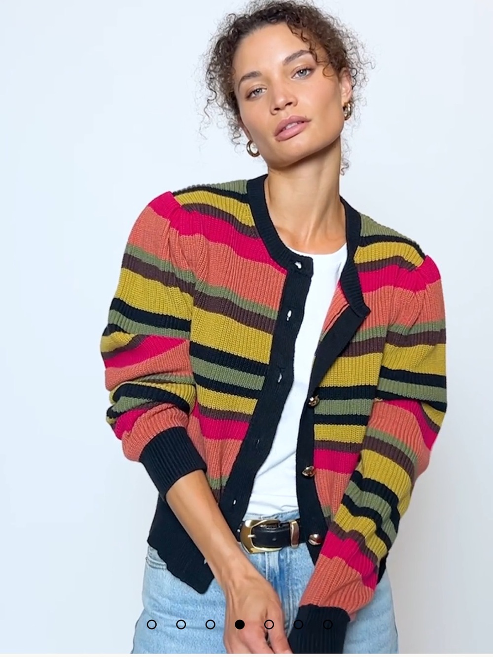 NATION LTD Carmela Cardigan Sweater Vintage Stripe Ribbed Knit Gold Button Small